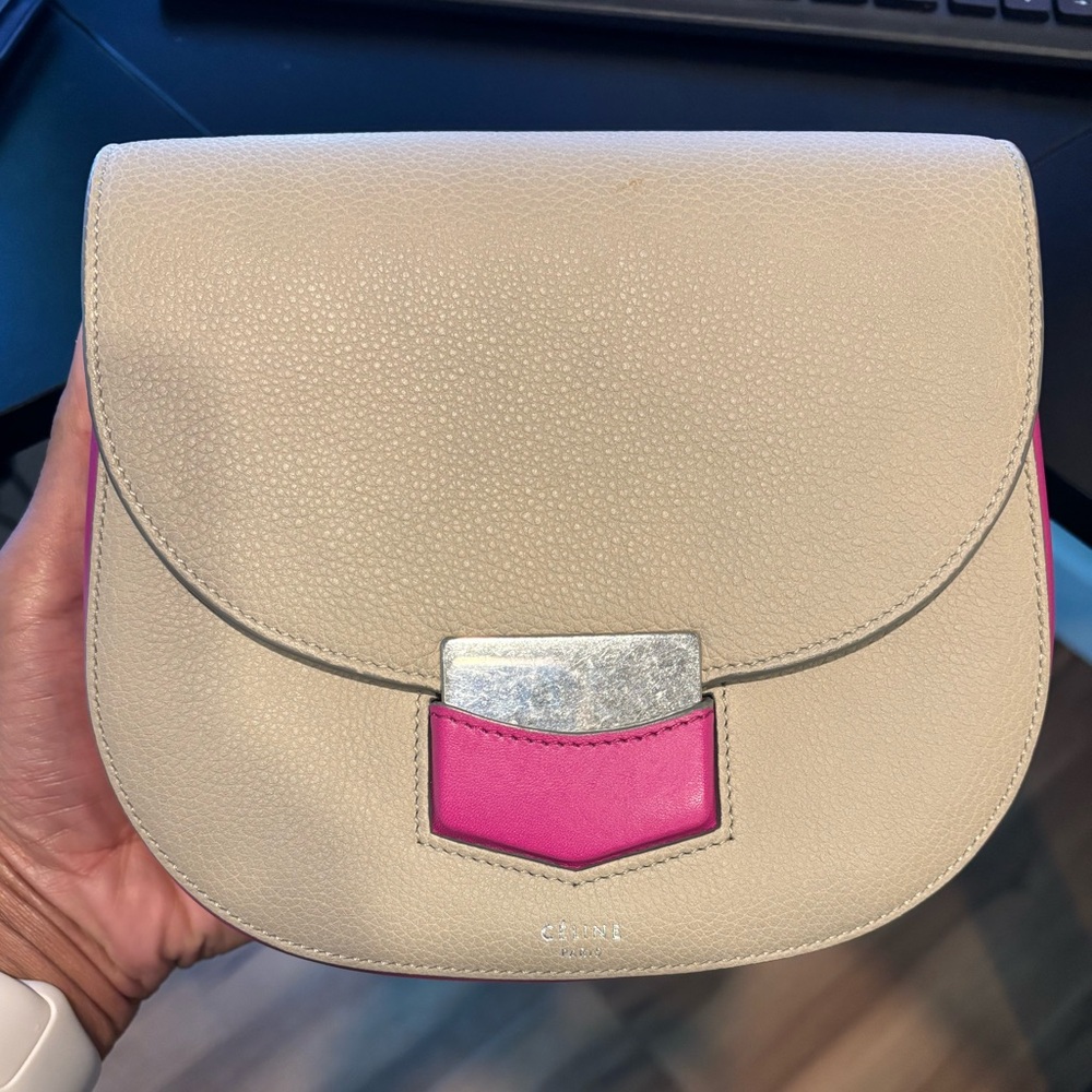 Celine Trotteur Elegant Beige and Pink/Purple Crossbody Bag